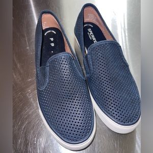 Women’s SPERRY SEASIDE Perforated Leather Loafers Slip-On Shoes NAVY 9W